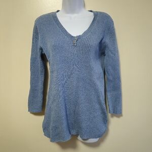 Liz Claiborne Ribbed Knit Sweater Vneck 2 Butttons Long Sleeve Blue Women XL